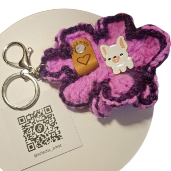 Handmade Crochet Floral Key chain Purple Dog Enamel Pin White Frenchie Puppy Pin - Picture 7 of 17
